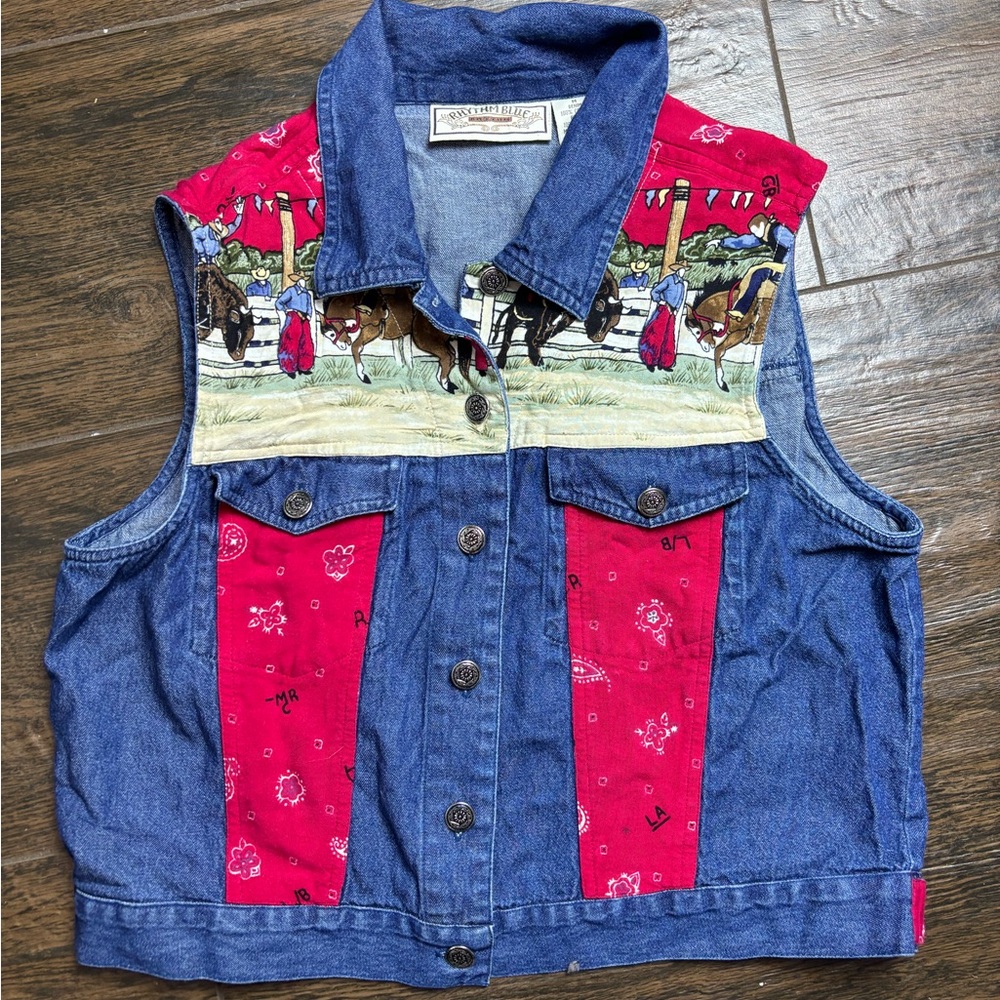 Denim Vest with Red Bandana Print